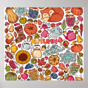 Handzeichen für niedliche Herbstelemente Poster