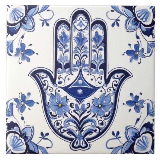 Handzeichen Hamsa - Blau und Weiße Hand Fatima Fliese (Vorderseite)