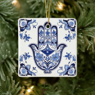 Handzeichen Hamsa - Blau und Weiße Hand Fatima Keramikornament
