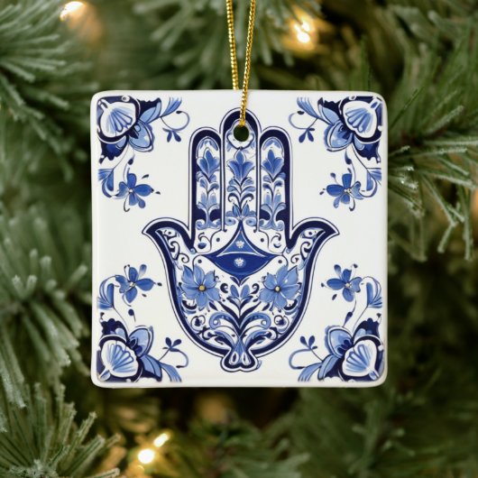 Handzeichen Hamsa - Blau und Weiße Hand Fatima Keramikornament (Baum)