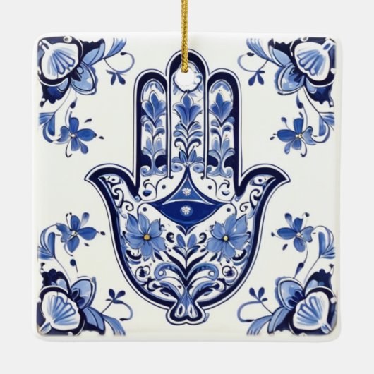 Handzeichen Hamsa - Blau und Weiße Hand Fatima Keramikornament (Rückseite)