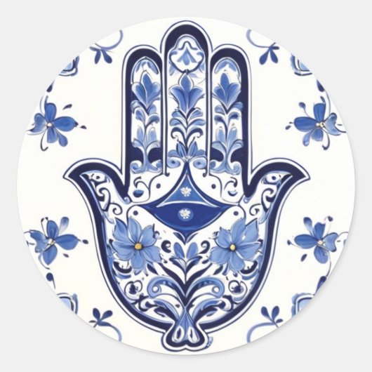 Handzeichen Hamsa - Blau und Weiße Hand Fatima Runder Aufkleber (Vorderseite)