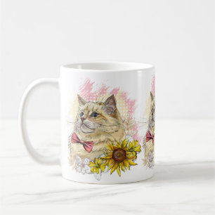 Handzeichnung einer lustigen roten Ragdoll-Katze m Kaffeetasse
