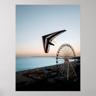 Hang Glider Soaring Over Coastal Ferris Wheel  Poster