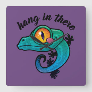 Hang in There farbenfroher Gecko Quadratische Wanduhr