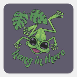 Hang in There Happy Green Tree Frog Quadratischer Aufkleber