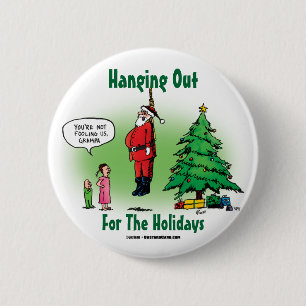 Hängend Santa Verdreht Cartoon Button