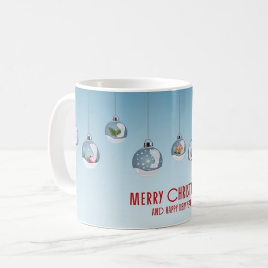 Hängende Christbaumkugeln Frohe Weihnachten Tasse (Vorderseite Links)