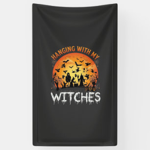 Hängende Hexen Halloween Mond Fledermäuse Kürbisse Banner