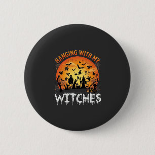 Hängende Hexen Halloween Mond Fledermäuse Kürbisse Button