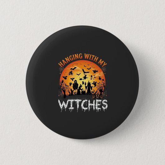 Hängende Hexen Halloween Mond Fledermäuse Kürbisse Button (Vorderseite)
