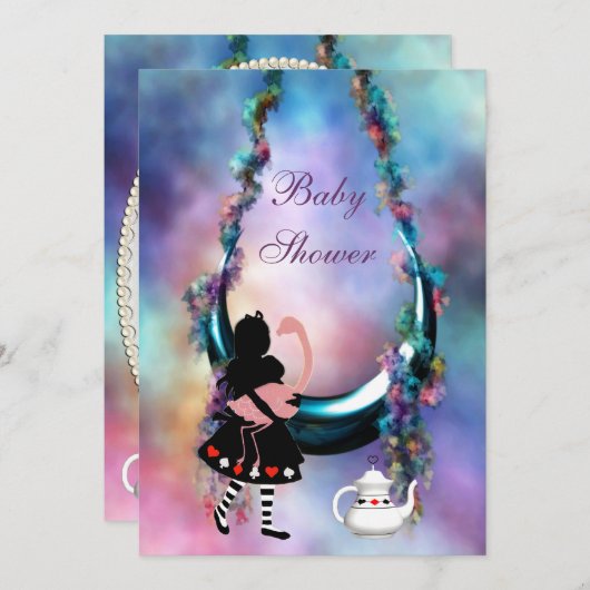 Hängende Mond-Babyparty Alices u. des Flamingos Einladung (Vorne/Hinten)