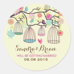 Hängende Vogelkäfige & Retro-Blumen Hochzeitsaufkl Runder Aufkleber