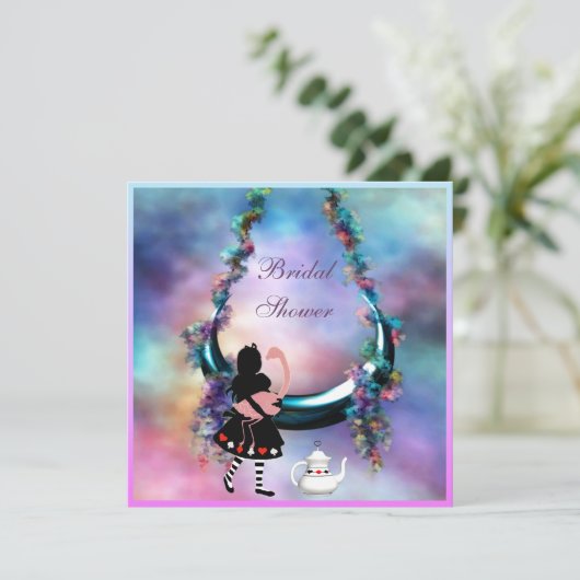 Hängendes Mond-Brautparty Alices u. des Flamingos Einladung (Stehend Vorderseite)