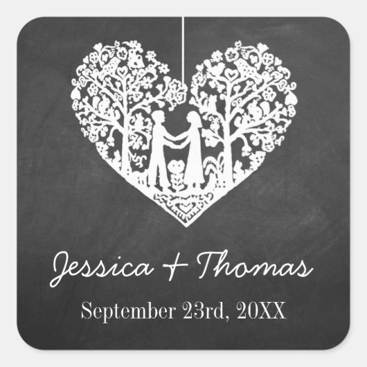 Hangherz Tree Chalkboard-Gastgeschenk Hochzeit Quadratischer Aufkleber (Vorderseite)