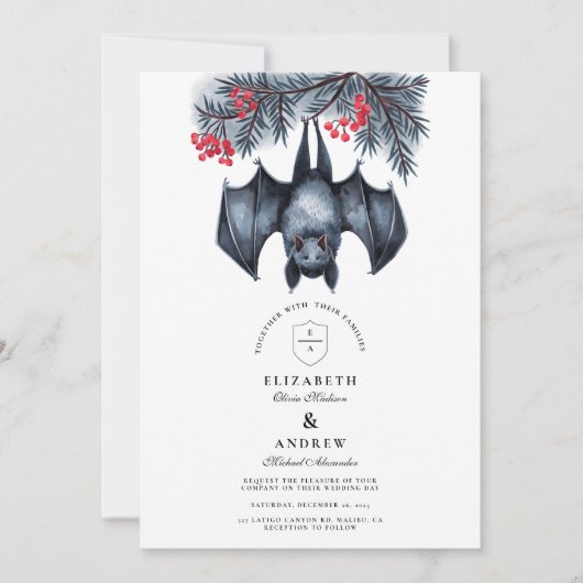 Hanging Bat Gothic Winter Wedding Einladung (Vorderseite)