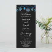 Hanging Blue Snowflakes Black Wedding Programm (Stehend Vorderseite)