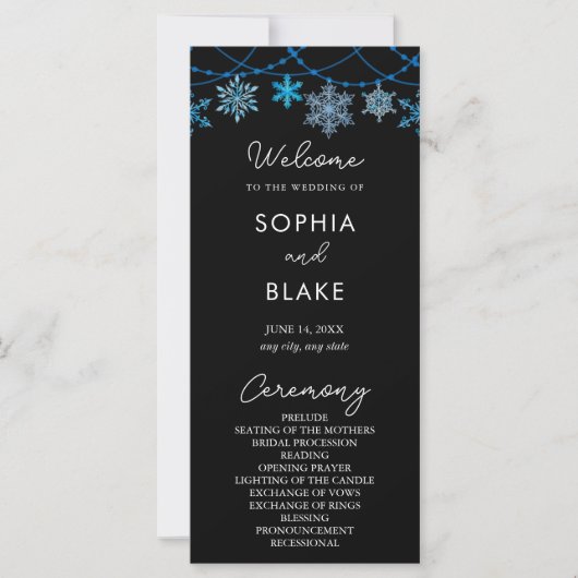 Hanging Blue Snowflakes Black Wedding Programm (Vorderseite)