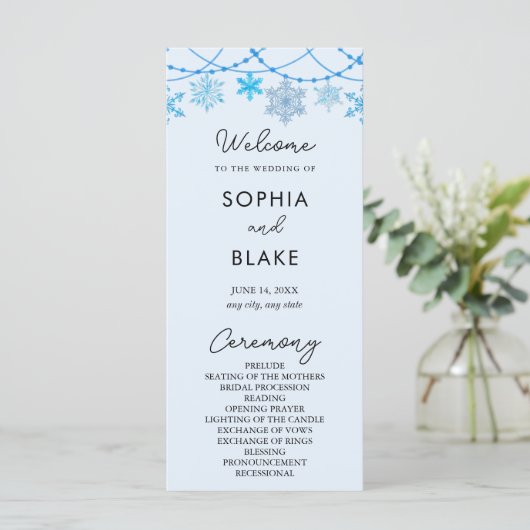 Hanging Blue Snowflakes Blue Wedding Program (Stehend Vorderseite)