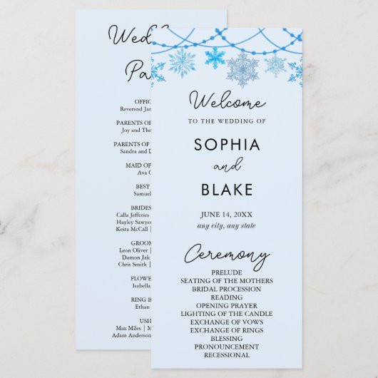 Hanging Blue Snowflakes Blue Wedding Program (Vorne/Hinten)