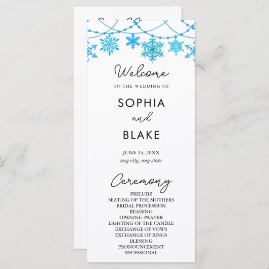 Hanging Blue Snowflakes White Wedding Programm (Vorne/Hinten)