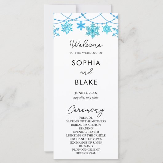 Hanging Blue Snowflakes White Wedding Programm (Vorderseite)