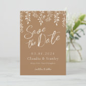 Hanging Florals Foliage Warm Beige Boho Earthy Save The Date (Stehend Vorderseite)