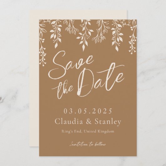 Hanging Florals Foliage Warm Beige Boho Earthy Save The Date (Vorne/Hinten)