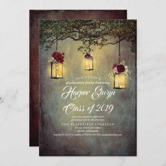 Hanging Lantern Lights Rustic Graduation Party Einladung (Vorne/Hinten)