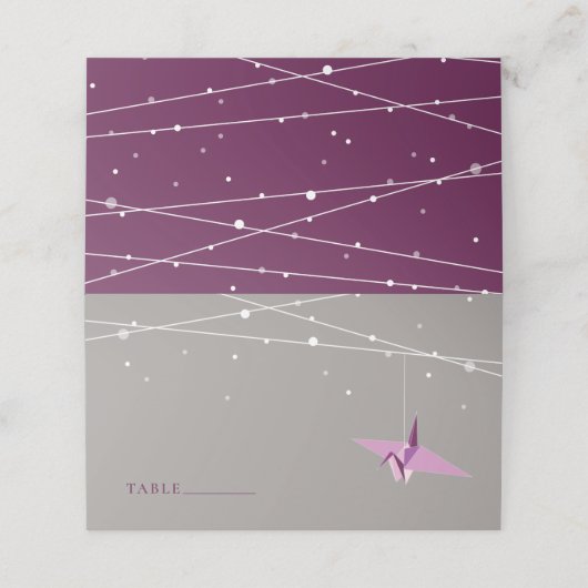 Hanging Lila Origami Paper Cranes asiatische Hochz Platzkarte (Außenseite Aufgefaltet)