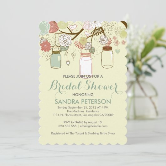 Hanging Mason Jar & Retro Blume Brautparty Einladung (Stehend Vorderseite)