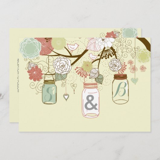 Hanging Mason Jar & Retro Blume Einladung Hochzeit (Vorne/Hinten)