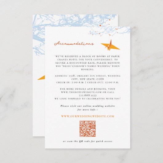 Hanging Origami Orange Crane Asiatische Hochzeitde Begleitkarte (Vorne/Hinten)