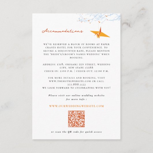 Hanging Origami Orange Crane Asiatische Hochzeitde Begleitkarte (Vorderseite)