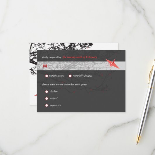 Hanging Origami Paper Cranes Asian Wedding RSVP (Vorderseite/Rückseite Beispiel)