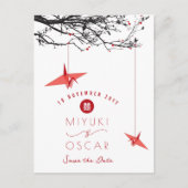 Hanging Origami Red Paper Cranes Zen Save the Date Ankündigungspostkarte (Vorderseite)