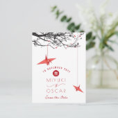 Hanging Origami Red Paper Cranes Zen Save the Date Ankündigungspostkarte (Stehend Vorderseite)