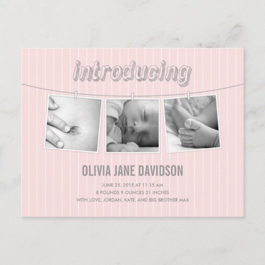 Hanging Pictures Birth Announcement - Baby Girl Ankündigungspostkarte (Vorderseite)