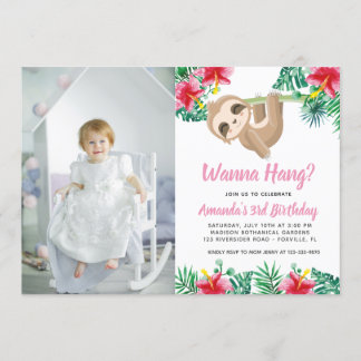 Hanging Sloth Girl Birthday Foto Einladung
