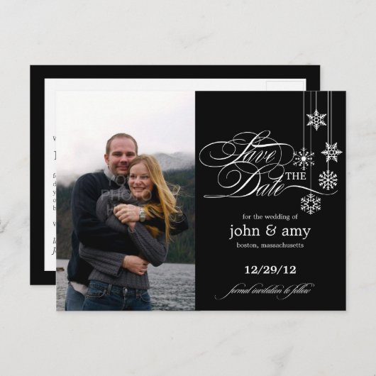 Hanging Snowflakes Foto Save the Date (schwarz) Ankündigungspostkarte (Vorne/Hinten)