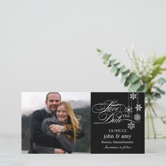 Hanging Snowflakes Save the Date Card - Schwarz (Stehend Vorderseite)