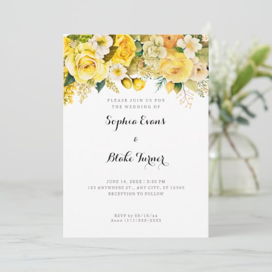 Hanging Yellow Flowers White Garden Wedding Einladung (Stehend Vorderseite)