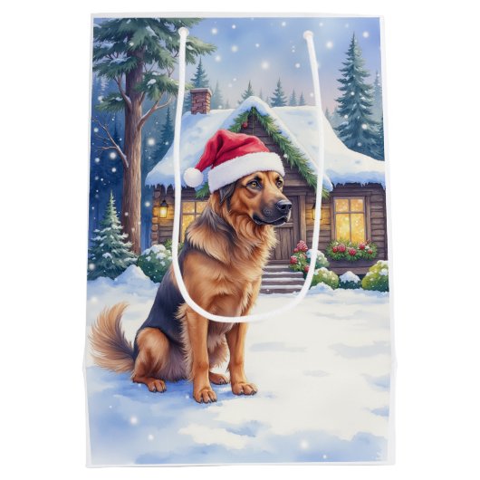 Hanoverian Scenthound Snowy Forest Cabin Santa Hat Mittlere Geschenktüte (Rückseite)
