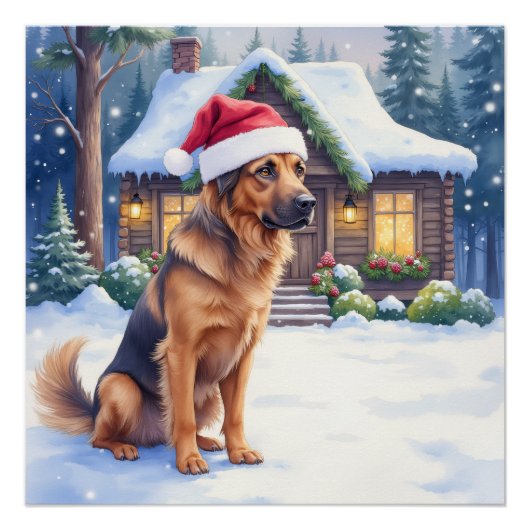 Hanoverian Scenthound Snowy Forest Cabin Santa Hat Poster (Vorderseite)