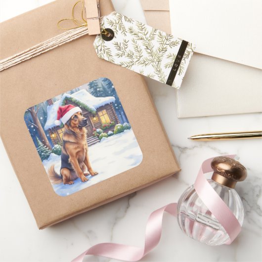 Hanoverian Scenthound Snowy Forest Cabin Santa Hat Quadratischer Aufkleber (Schenken)