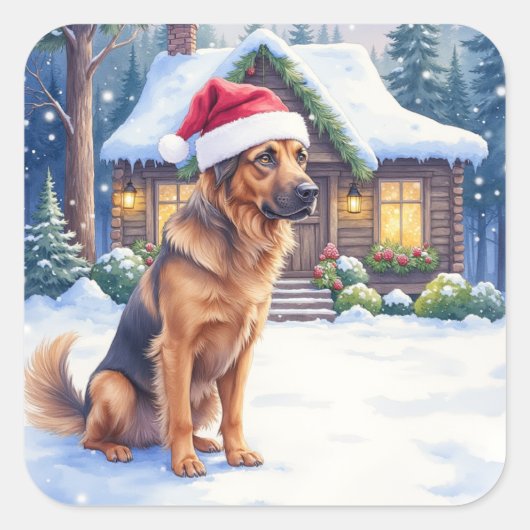 Hanoverian Scenthound Snowy Forest Cabin Santa Hat Quadratischer Aufkleber (Vorderseite)