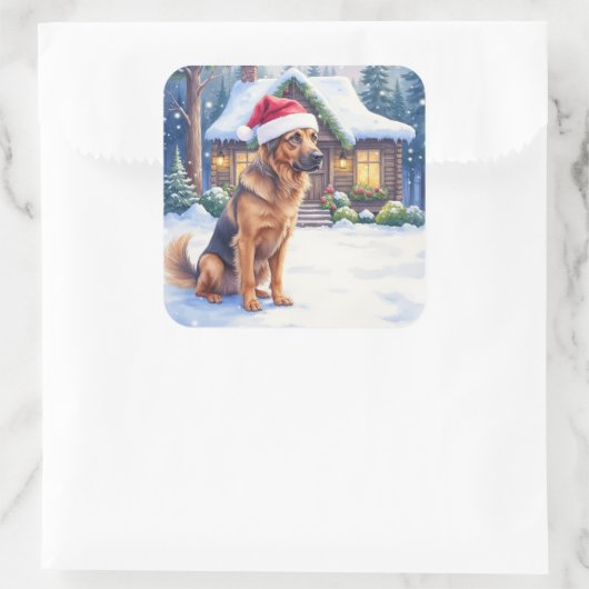 Hanoverian Scenthound Snowy Forest Cabin Santa Hat Quadratischer Aufkleber (Tasche)