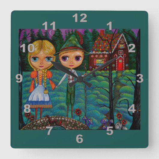Hansel and Gretel Dolls Cute Gingerbread House Quadratische Wanduhr (Vorderseite)