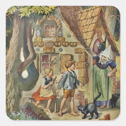 Hansel und Gretel an der Hexe-Hütte Quadratischer Aufkleber (Vorderseite)