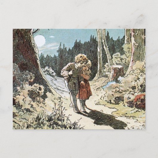 Hansel und Gretel auf dem Pfad im Mondlicht Postkarte (Vorderseite)